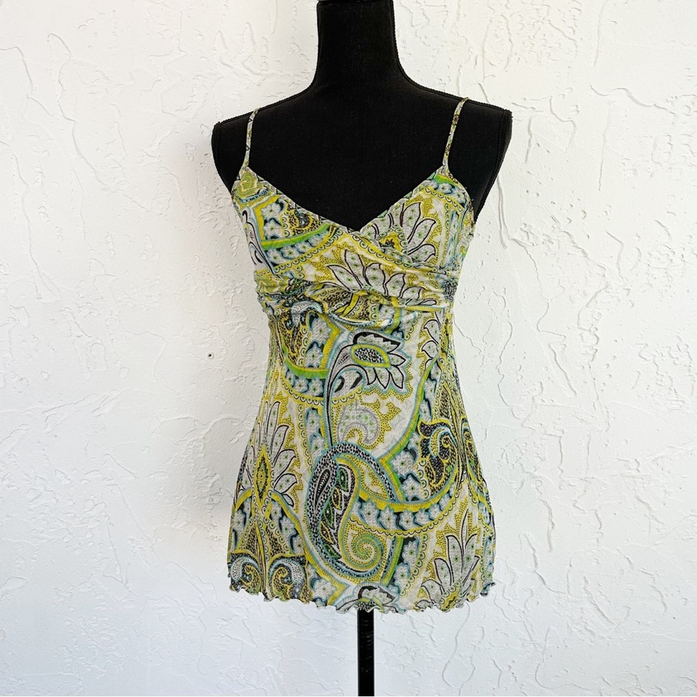 Vintage Y2K Express Green Paisley 100% Silk Mesh Sheer Babydoll Tank Top Medium